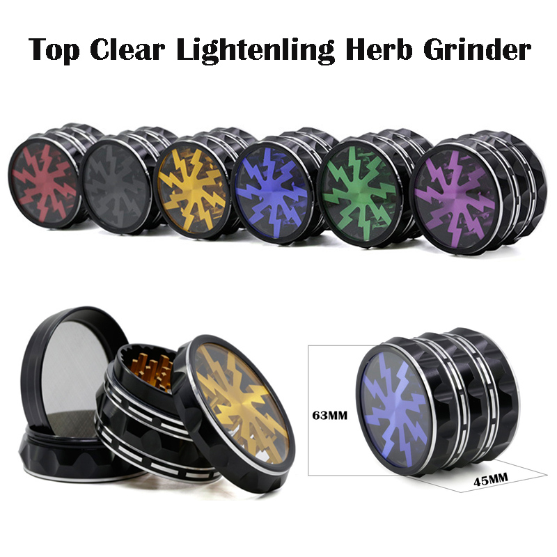 

Lighting Grinder Tobacco Smoking Herb Grinders Four Layers Aluminium Alloy Grinder 100% Metal dia 63mm have 4 colors With Clear Top Window