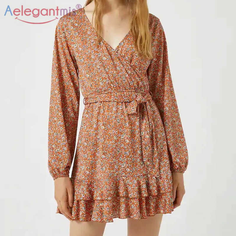 

Aelegantmis Elegant Print Mini Dress Casual Sashes V Neck Long Sleeves Short es Korean Chic Slim Female Vestido 210607, As shown