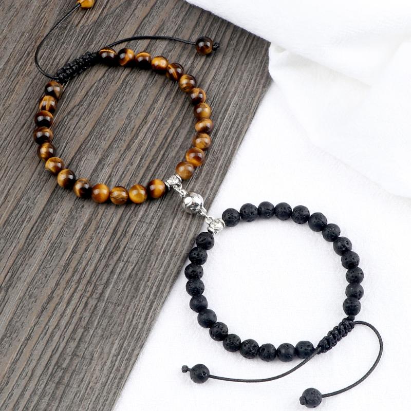 

Beaded, Strands 2Pcs/Set Couple Magnet Pendant Braided Bracelet 6MM Weathered Stone Lava Natural Beads Wrist Bangles Jewelry Gift For Friend