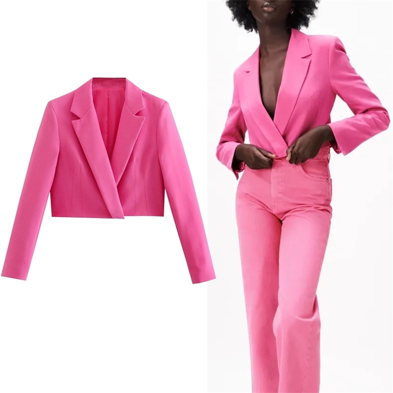 

TRAF Za Cropped Blazer Women Fashion Long Sleeve Suit Jackets Collared Short Woman Streetwear Female 211019, Rose red