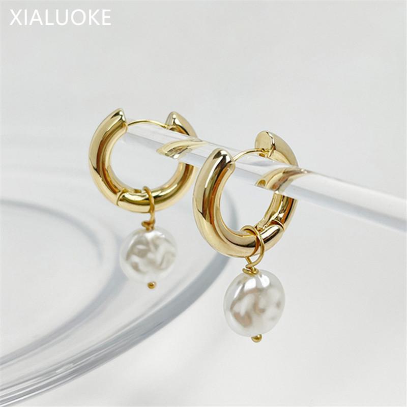 

Dangle & Chandelier XIALUOKE Vintage Round Stainless Steel Hoop Earrings For Women Minimalist Baroque Imitation Pearl Drop Party Jewelry 85