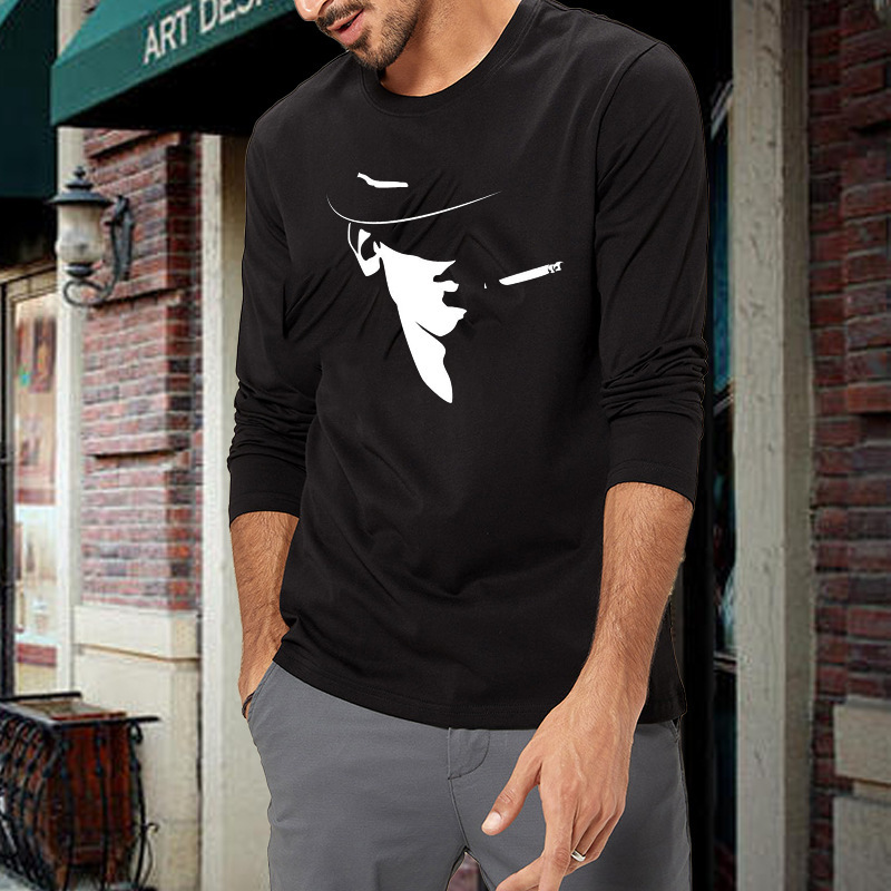 

autumn new men's loose round neck men's long sve t-shirt men's fashion brand pure cotton t-shirt autumn winter, White;black