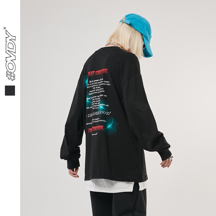

wxwovdy 2021 autumn winter new american high street dark creative printing men's and women's loose long sve t-shirt, Black