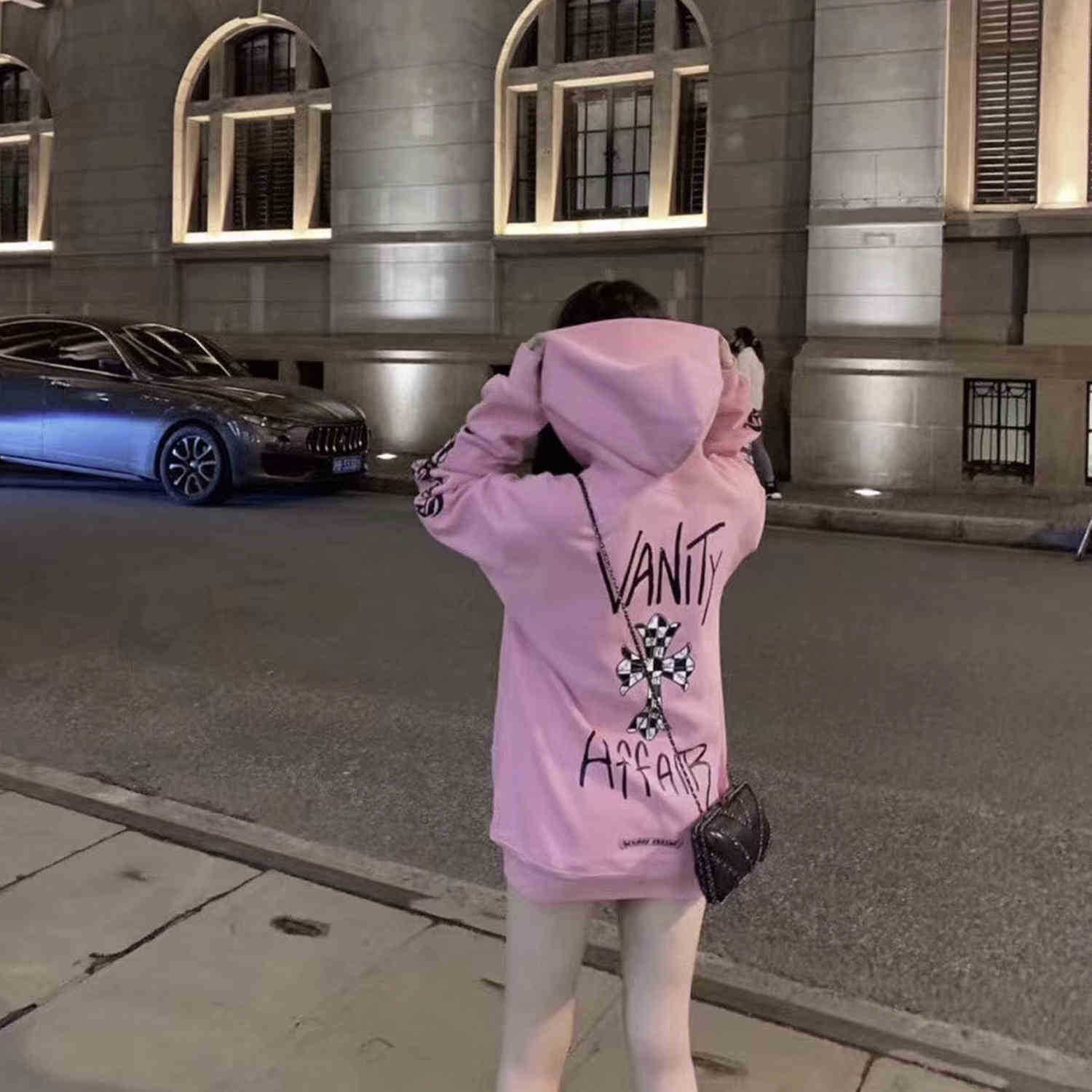 

Brand Hearts/Chrome Chao Crosin Pink Graffiti Cross Sanskrit Hoodie Men's and Women's Sweater Coats BG2F, Black