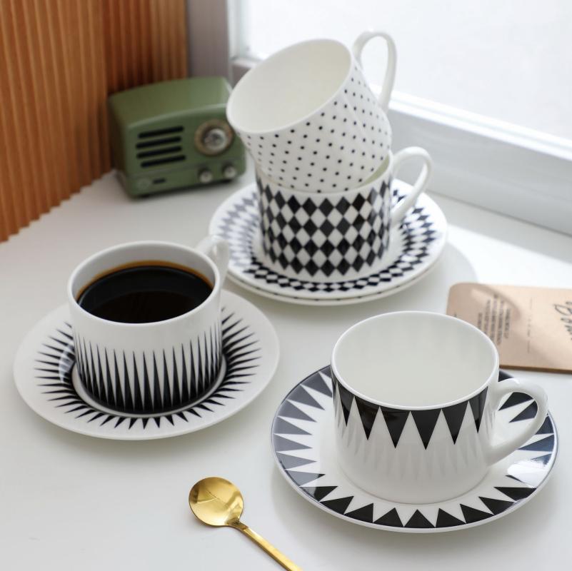 

Mugs Bone Coffee Cup And Dish Set Nordic Black White Geometry European Creative Simple English Afternoon Tea Lovers Ceramic, Wave point