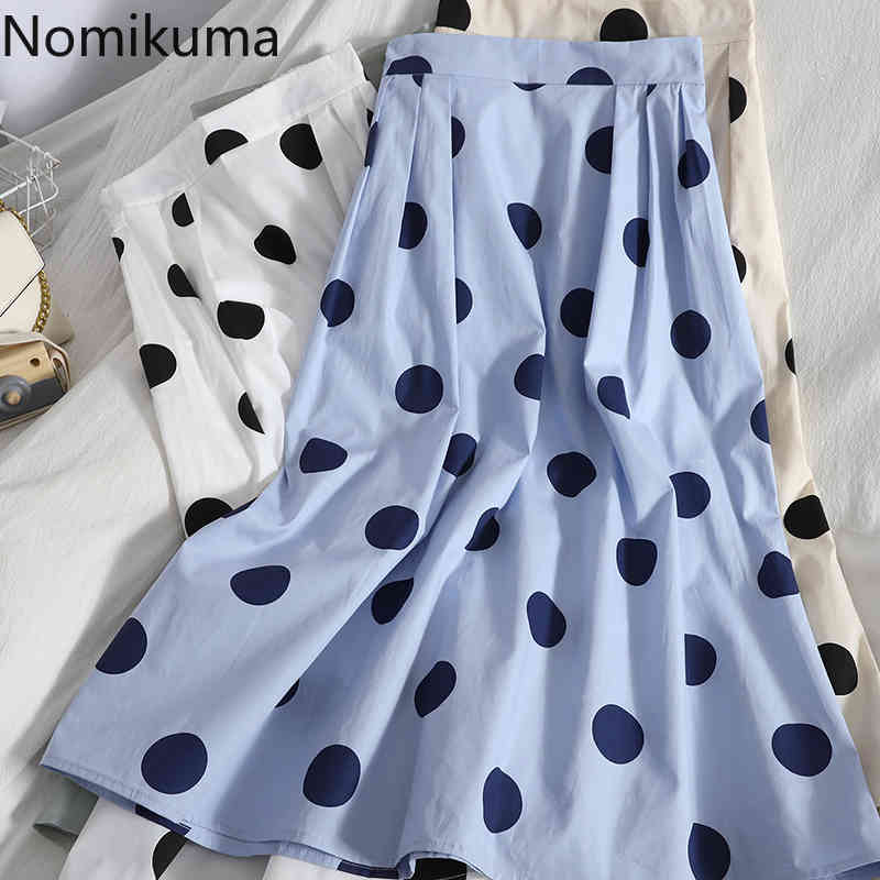 Nomikuma Korean Dot Woman Skirts High Waist A-line Mid-calf Skirts Causal Spring Summer New Elegant Faldas Mujer 6G647 210427
