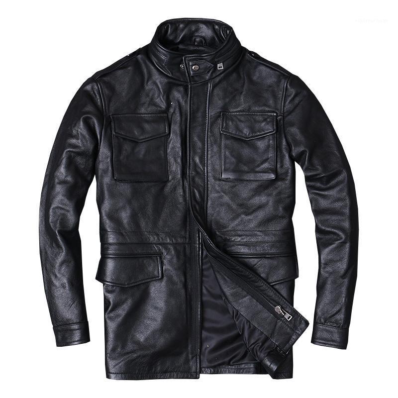 

Men's Leather & Faux Seveyfan Genuine Long Jacket Black Slim Real Cowhide Motorcycle Biker For Male R3049