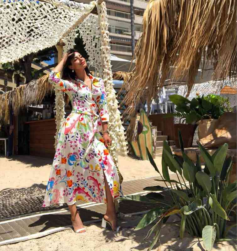 

summer women floral print bow sashes midi lapel dress female chic three quarter sleeve casual slim dresses, Black;gray