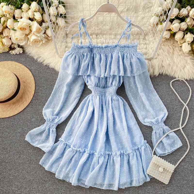 

Sweet Women Ruffles Dress Vestido Spring Summer Long Sleeve Off Shoulder Sexy Chiffon es Ladies A Line Party 210602, White
