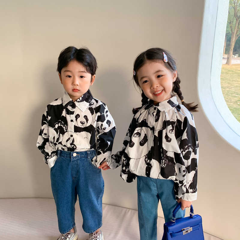 

Spring Fashion Kids Boys Girls Panda Printing Long Sleeve Shirts Brother and sister Casual Shirt Tops Clothing 210615, Short style shirts