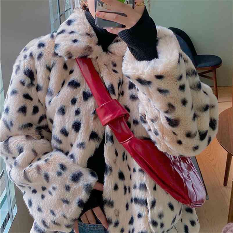 

Korean Loose Lamb Fleece Leopard Print Short Reversible Plush Thick Faux Fur Jacket Women Female Coat Outwears 210517