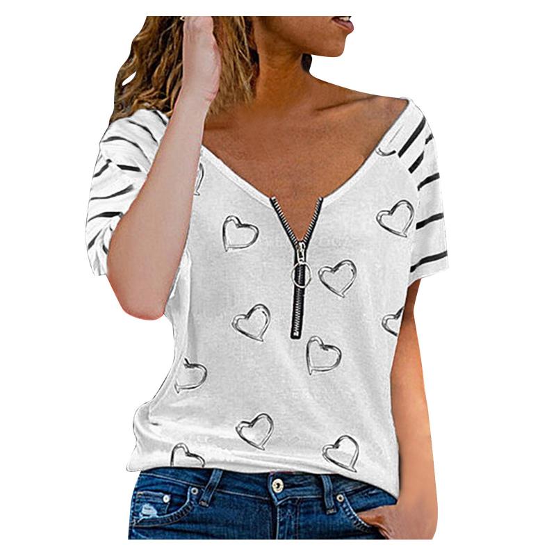 

Women' Blouses & Shirts Ladies Zipper Up Short Sleeve Elegant Heart-shaped Printing Harajuku High Street Tops Classic V-Neck Camicias Top, Pink
