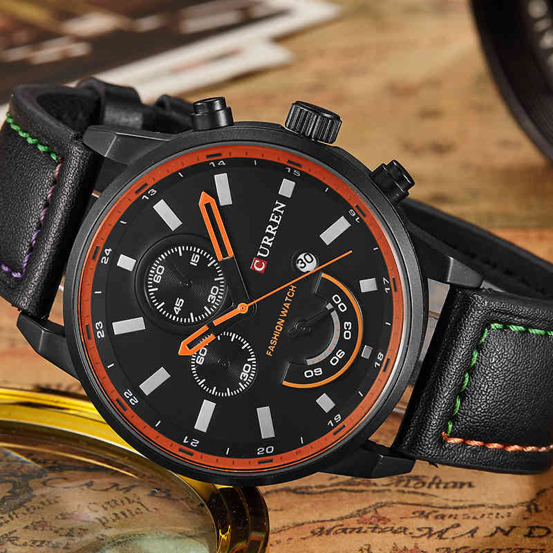 

CURREN Top Brand Men Luxury Quartz Watch Mens Casual Sport Watches Male Leather Waterproof Date Analog Clock Relogio Masculino 210517, Black orange