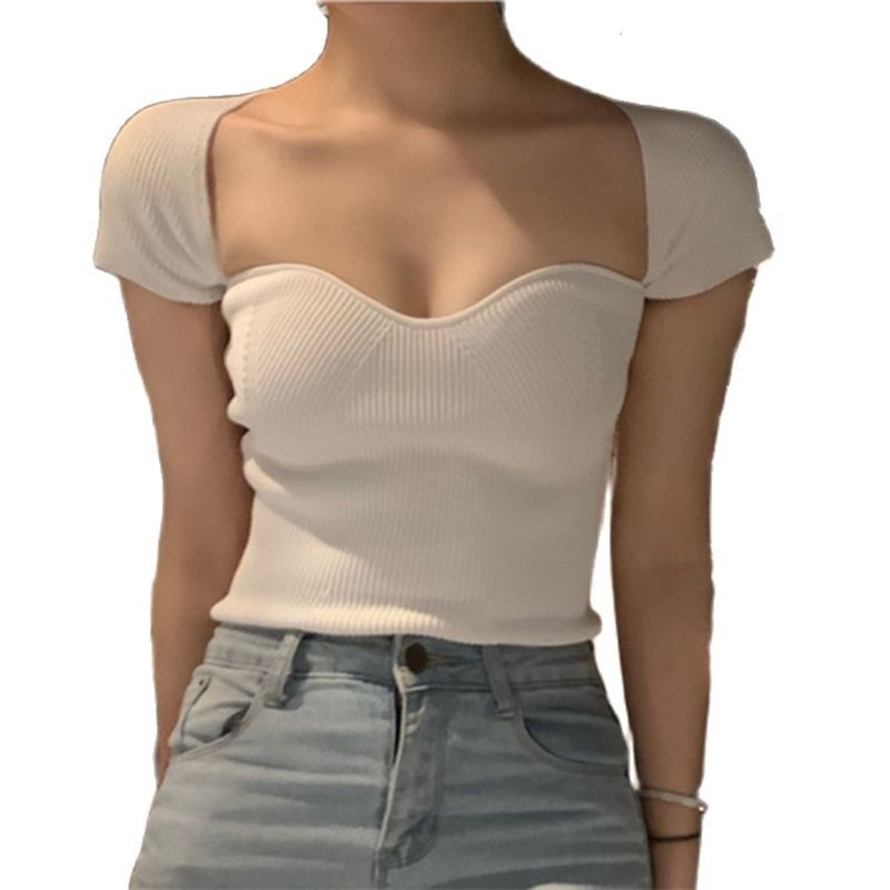 

Curved Neckline Short Sexy Knit Sweater One-neck Sleeve Top Summer Korean Fashion women's clothing 210520, Black