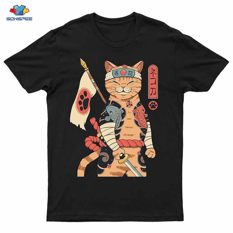

Men's T-Shirts SONSPEE Japanese Samurai Cat Tattoo T-shirt Cool Classic Art Print Tshirt Summer Casual High Quality O-neck Cotton Short Slee, White;black