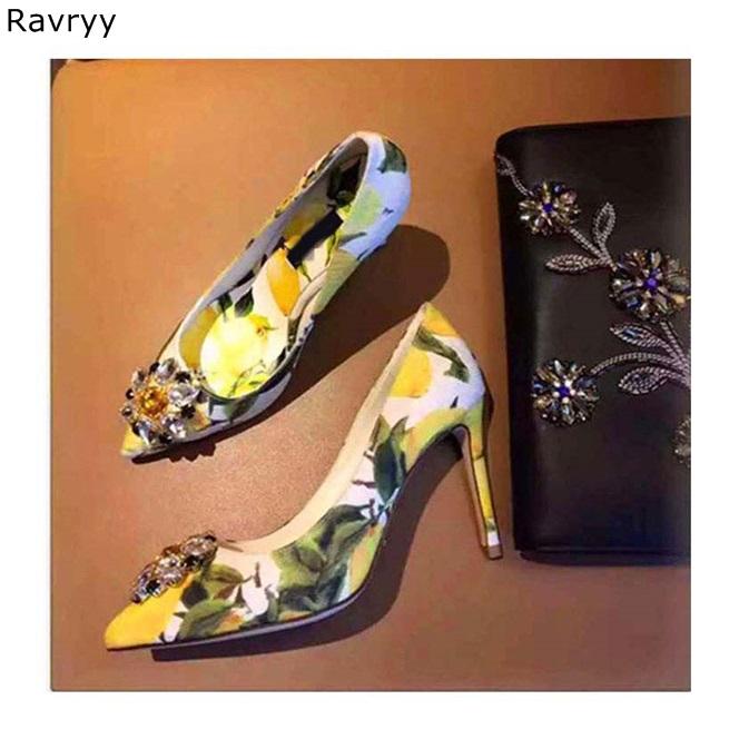 

Luxury Crystal Woman's High Heels Daisy Flower Print Female Dress Shoes Rhinestone Sexy Pumps Pointed Toe Stiletto Single, 9cm