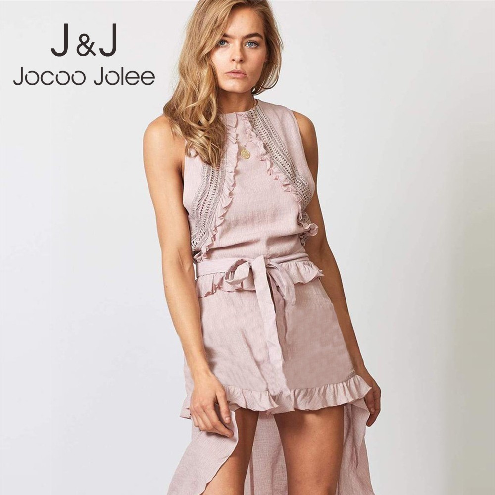 

Jocoo Jolee Vintage Cotton Linen Dress Women Summer Sleeveless O-Neck Ruffle Irregular Mini Dress Casual Sashes A-Line Dress 210518, Black