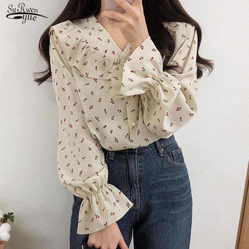 

Korean Autumn Puff Sleeve Chiffon Women Blouse Office Lady V-Neck Floral Shirts Plus Size Ladies' Tops Cardigan 10335 210521, Black