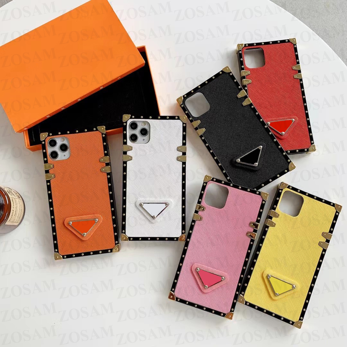 

Fashion Triangle Design Phone Cases For IPhone 13 13pro 12 Mini 12pro 11 Pro Max X Xs Xsmax Xr 8 7 6 6s Plus PU Leather Square TPU Frame Case Cover, White