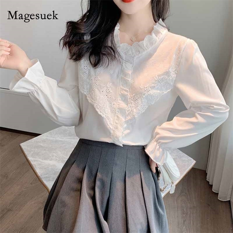 

Hollow Chiffon Blouse Women Long Sleeve Korean Style Office Lady Clothing V-neck White Tops Solid Lace Autumn Shir10901 210518