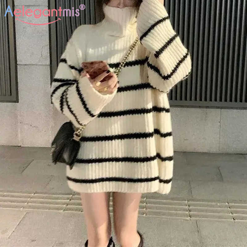 

Aelegantmis Black White Stripes Turtleneck Sweater Female Loose Pullover Oversize Women Autumn Winter Casual Vintage Knitwear 210607