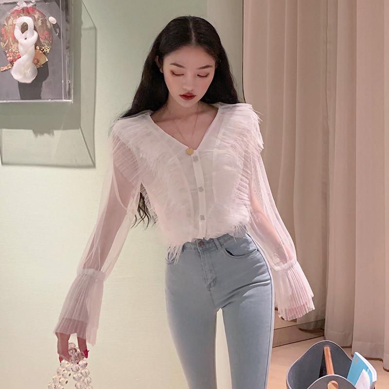

Women's Blouses & Shirts Gagarich Women White Blouse Spring Style Long-sleeved V-neck Fairy Feather Tassels Shirt Ladies Sweet Blusas 2021