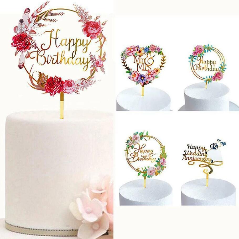 

Creative Acrylic Cake Topper Happy Birthday Cake flowers insert Baby Shower Party Cupcake Topper Kids Gifts and Favors Cake Decorations