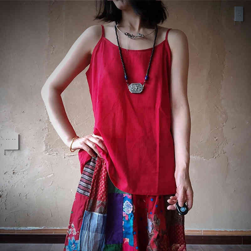 

Johnature Summer Clothes Casual Solid Color O-Neck Vintage Camis Comfortable Tops 5 Colors Women Slings 210521, Red coffee