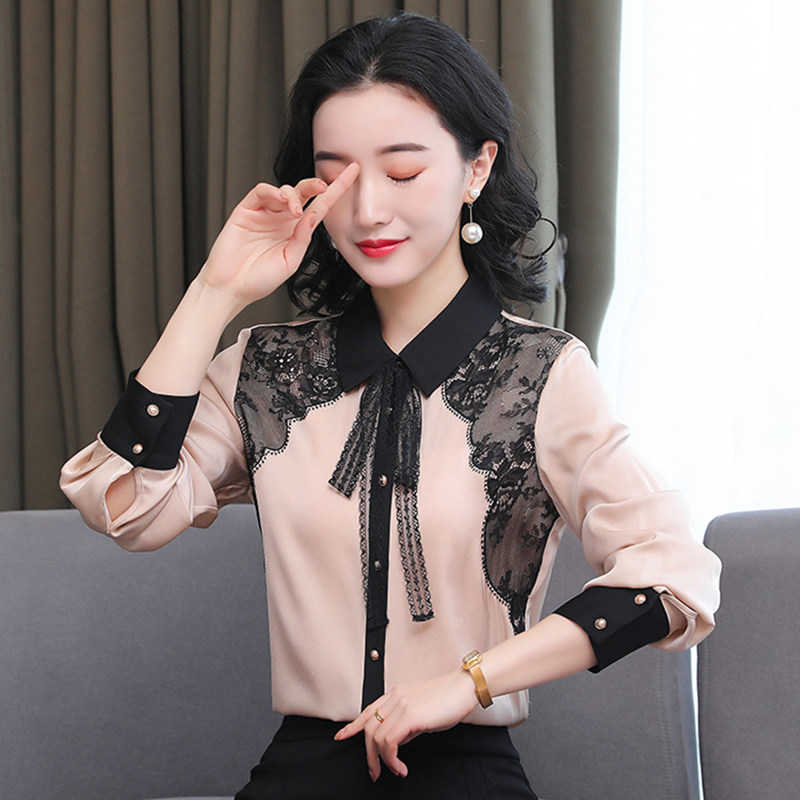 

Korean Women Silk Shirts Lace Embroidery Blouses Shirt Woman Satin Tops Plus Size Long Sleeve Blouse Top 210604, Apricot