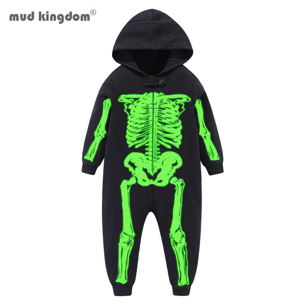 

Mudkingdom Spring Autumn Jumpsuit Girls Boys Halloween Glow Rompers Skull Skeleton Fleece Lined Hooded Clothes 210615, Black