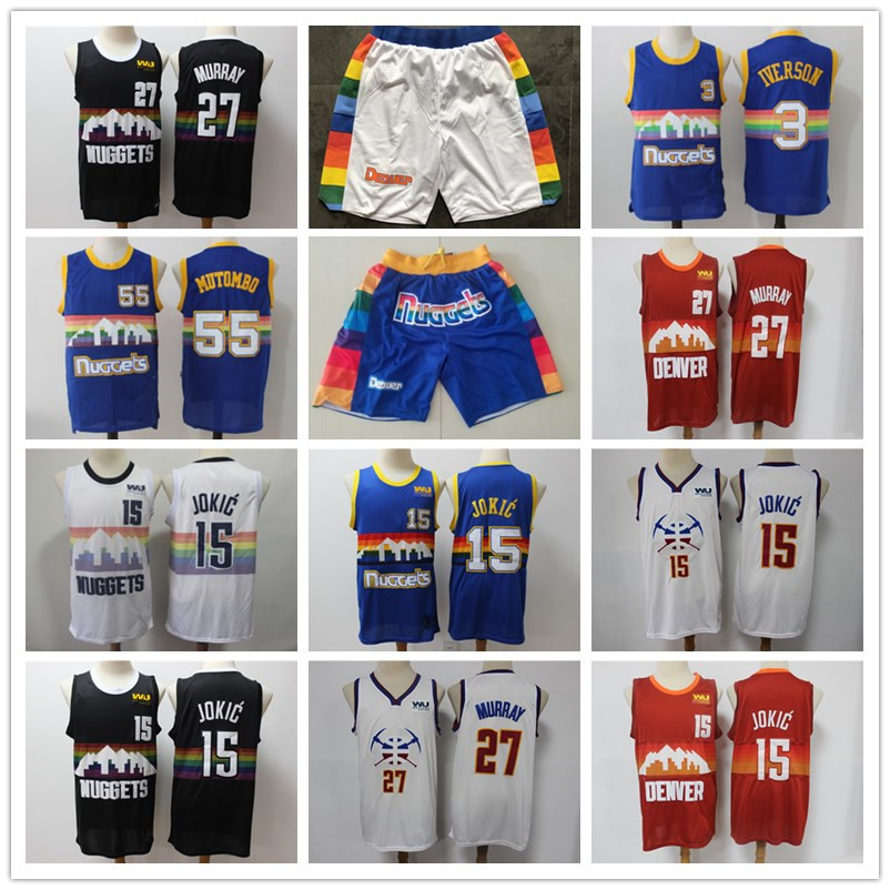 

DenverNuggetsJersey Dikembe 55 Mutombo Allen3IversonNikola 15 JokicJamal 27 Murray Basketball Jerseys, Black;red