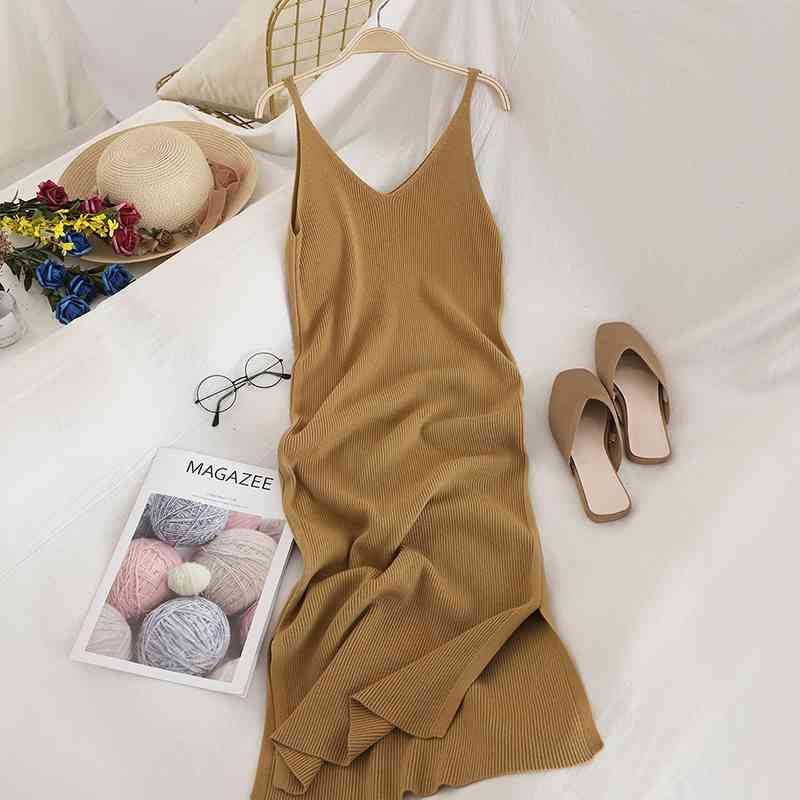 

Women Sexy Bodycon Dress Sleeveless V Neck Spaghetti Strap Knit Dresses Elegant Ladies Basic Sweaters Long Robe Vestido 210602