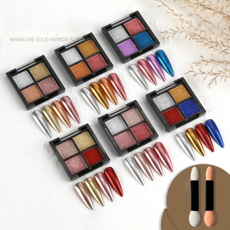 

Nail Glitter 4 Colors Powder Mirror Pigment Extension Design With 2pcs Eyeshadow Sticks Art Decoration