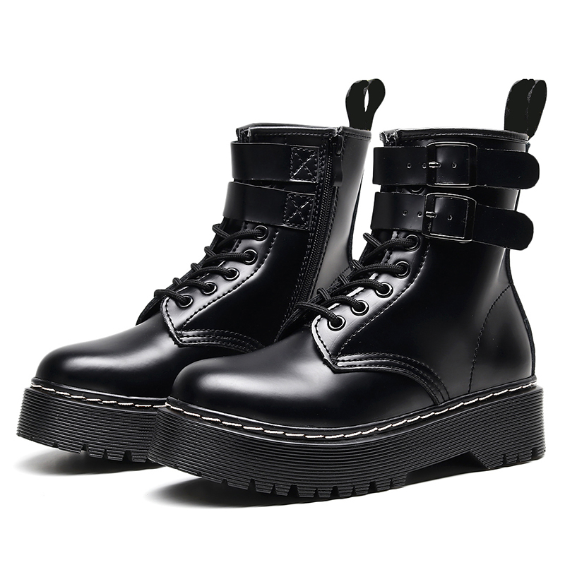 

dress shoes women double breasted boots genuine leather black platform ankle female mid heels thick motorcycle snow j87l