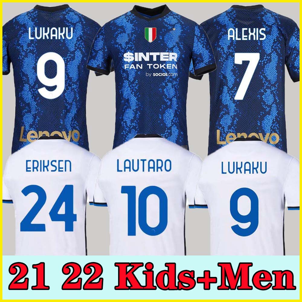 

INTER soccer jersey LUKAKU MILAN VIDAL BARELLA LAUTARO ERIKSEN ALEXIS HAKIMI 21 22 football shirt 2021 2022 uniforms men + kids kit 4th fourth home away, 21 22 away adult +patch