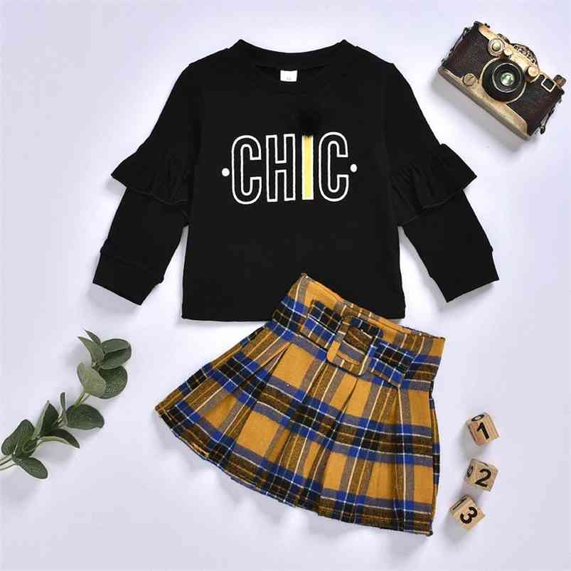 

Summer Children Sets Casual Long Sleeve Print Letter T-shirt Plaid Sashes Skirt 2Pcs Boys Clothes 1-9T 210629, Black