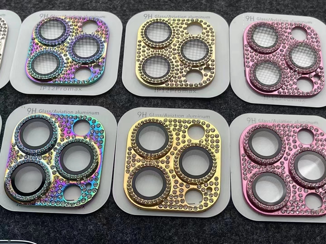

9H Tempered Glass Aluminum Metal Camera Lens Protectors For Iphone 14 Plus 13 Pro MAX Mini 12 11 Rainbow Colorful Bling Diamond Rhinestone Fine Hole Mobile Camera Film