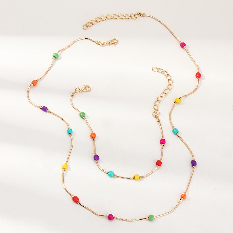 

Earrings & Necklace Fashion Bohemian Bracelet Set For Women Girls Metal Snake Chain Color Rice Beads Children's Gifts Jewelry, Silver