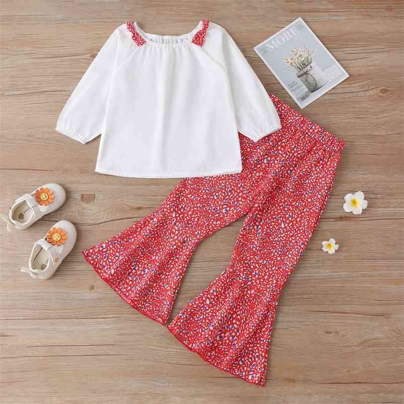 

Winter Children Sets Long Sleeve O Neck White Loose T-shirt Red Print Flare Pants Cute 2Pcs Girls Boys Clothes 18M-6T 210629