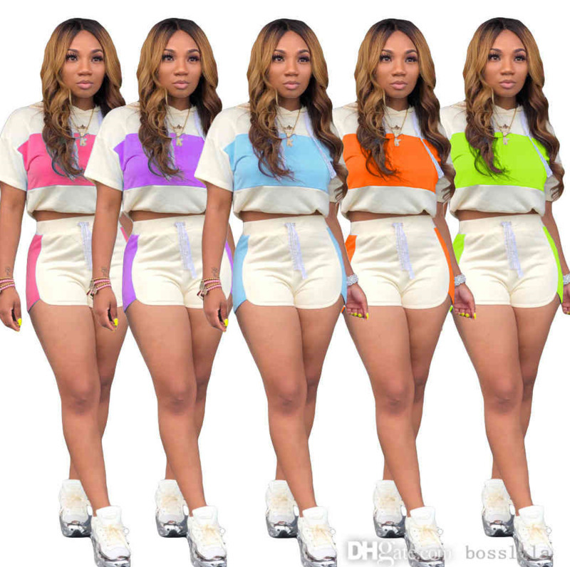Summer Women Tracksuits Two 2 Piece Set Fashion Splicing Casual Hooded Shorts Set Designer Contrast Color Cartoon Sport Yoga Pants Outfits