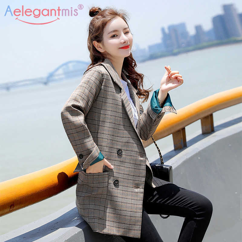 

Aelegantmis Classic Plaid Women Blazers Fashion Bouble Breasted Long Blazer Jacket Office Lady Casual Suits Coat Autumn 210607, As shown