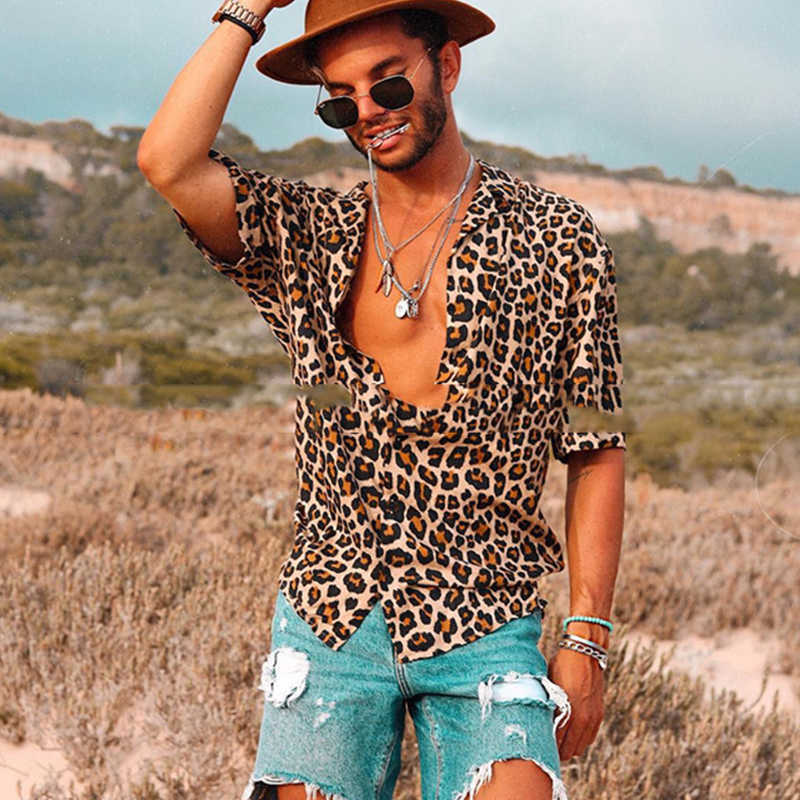 

Summer Leopard Print Men's Top Shirt 210721, Beige
