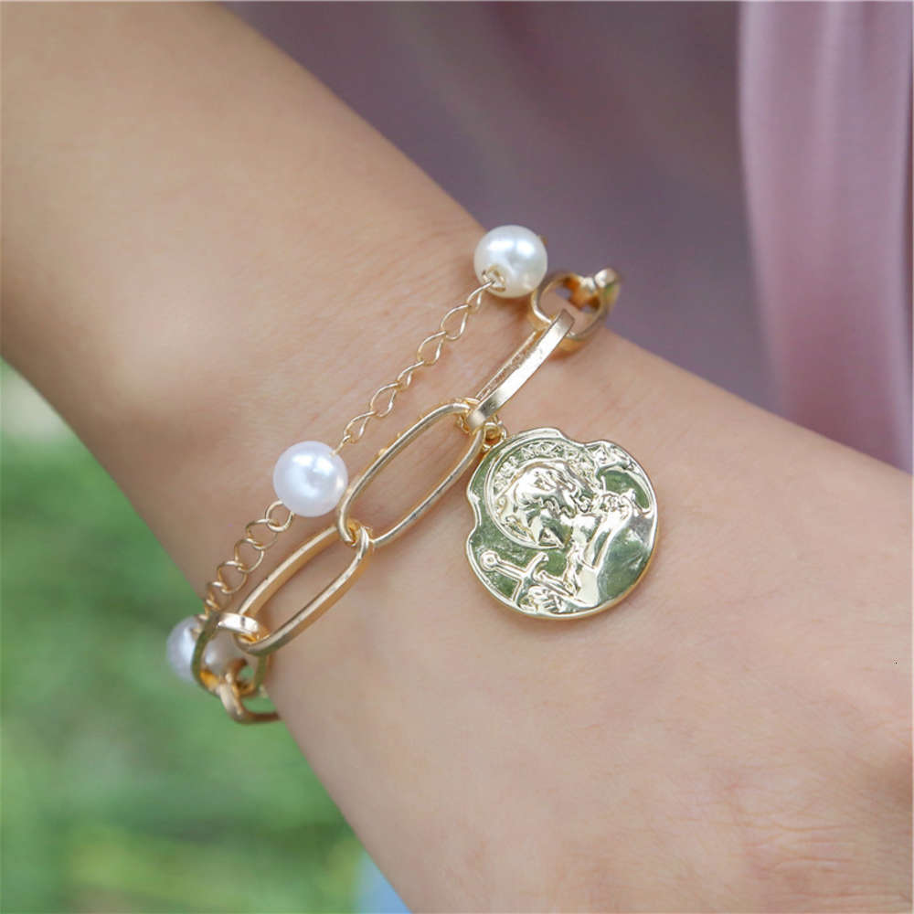 

Hand catenary Hand jewelry creative simplicity cool wind pearl double chain bracelet, Black