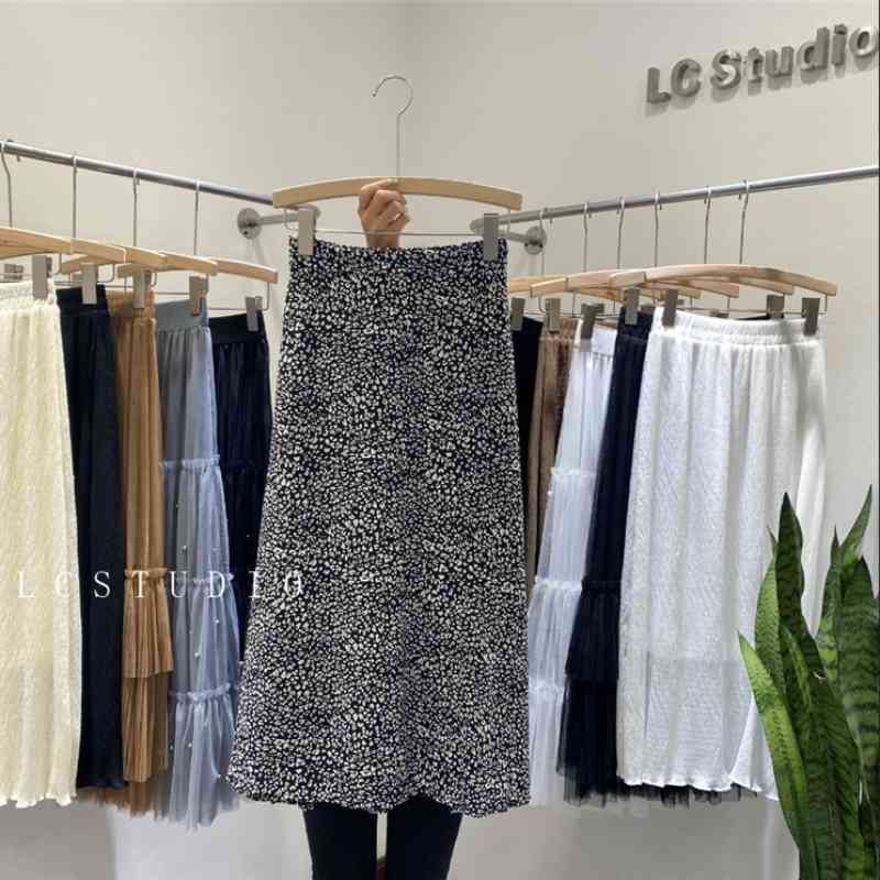 

Summer Sexy Leopard Skirt Print Chiffon A-line Casual Fashion Long s for Women Elastic Waist Elegant 210603, Wave point-white