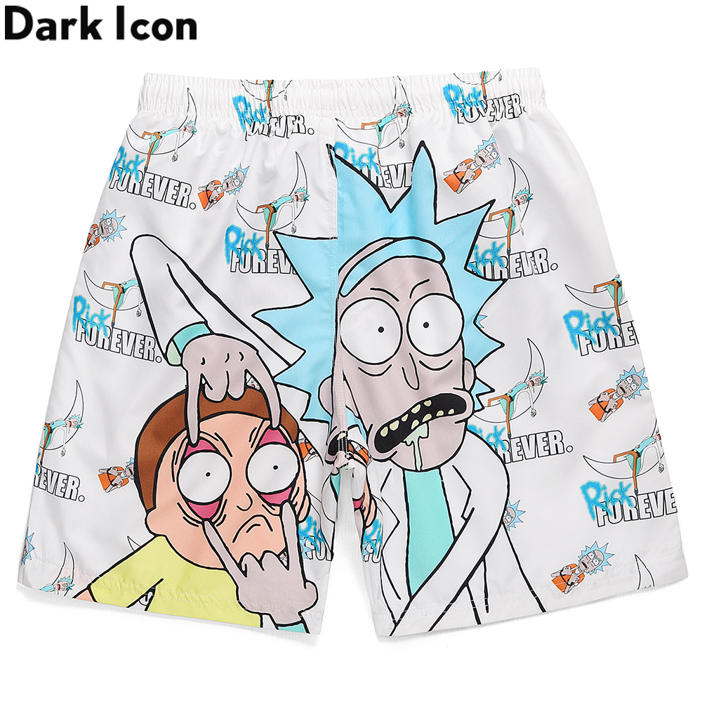 

Dark Icon Cartoon Printed Beach Shorts Men Elastic Waist Double Layer Men's Shorts, White;black