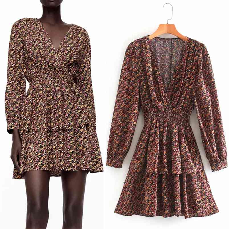 

Autumn Floral Printed Mini Dress Women V Neck Long Puff Sleeve Ruffle Woman Vintage Elegant Ladies es 210519, Print