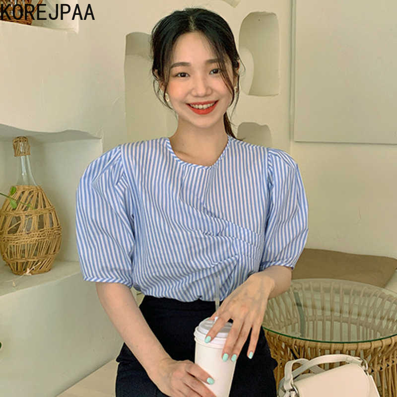 

Korejpaa Women Shirt Summer Korean Chic Niche Milk Soft Round Neck Pleated Side Pleated Loose Striped Puff Sleeve Blouses 210526, Blue