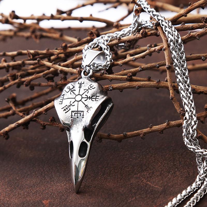 Pendentif Colliers Vintage Odin Crow Skull Collier pour hommes Chaîne Punk Viking Boussole en acier inoxydable Bijoux de mode