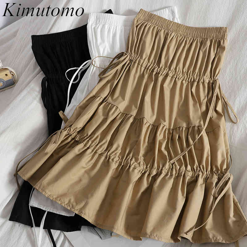 

Kimutomo Fashion Drawstring Lace Up Skirt Spring Summer Korean Stitching High Elastic Waist Solid Casual Skirts Fashion 210521, Black