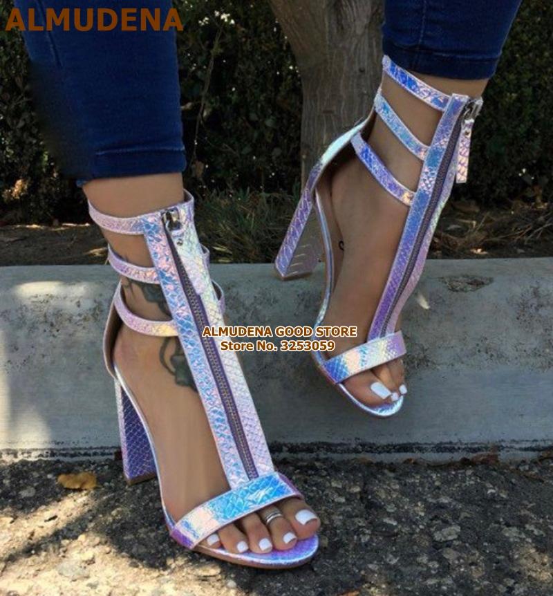 

Sexy Pink Black Snakeskin Chunky Heel Sandals Zipper Open Toe Criss Cross Strappy Pumps Gladiator Cage Shoes Dropship